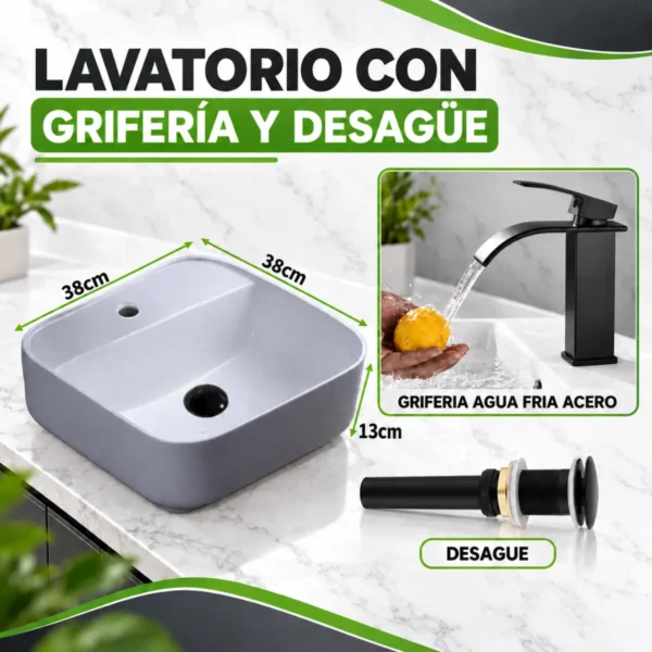 Combo Lavatorio +Griferia Agua Fria 20cm Caida Cascada Monocomando