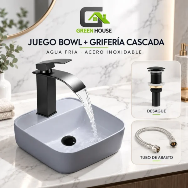 Combo Lavatorio +Griferia Agua Fria 20cm Caida Cascada Monocomando