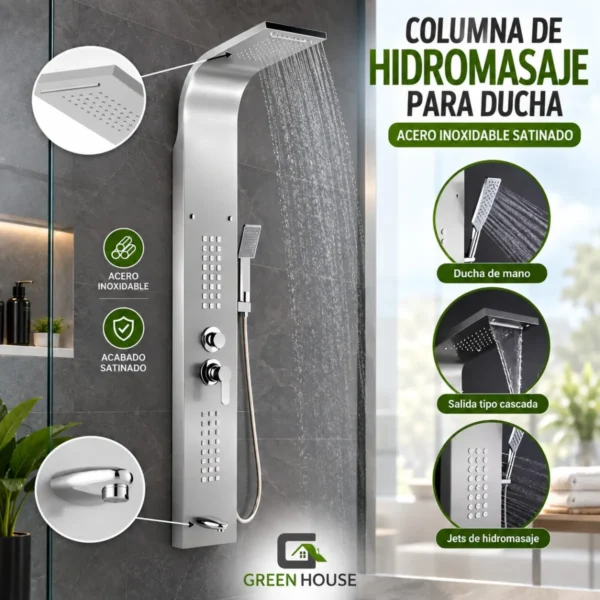 Columna De Ducha Satinado Hidromasaje Acero Inoxidable 1.50m