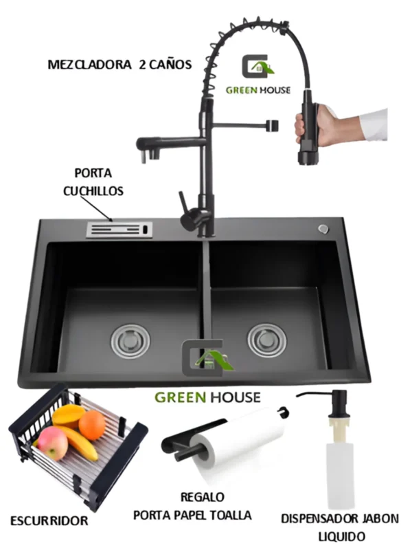COMBO LAVADERO DE COCINA 2 POZAS + MEZCLADORA 2 CAÑOS NEGRO ACERO