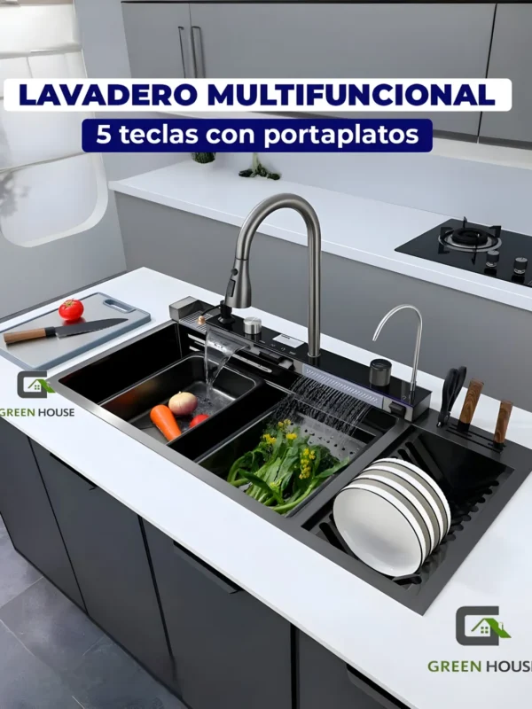 LAVADERO MULTIFUNCIONAL CON LUCES 5 TECLAS + ESCURRIDOR A. INOXIDABLE