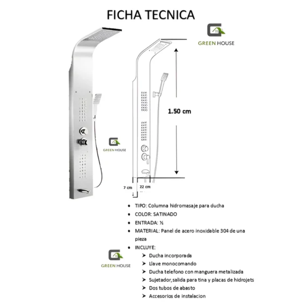 Columna De Ducha Satinado Hidromasaje Acero Inoxidable