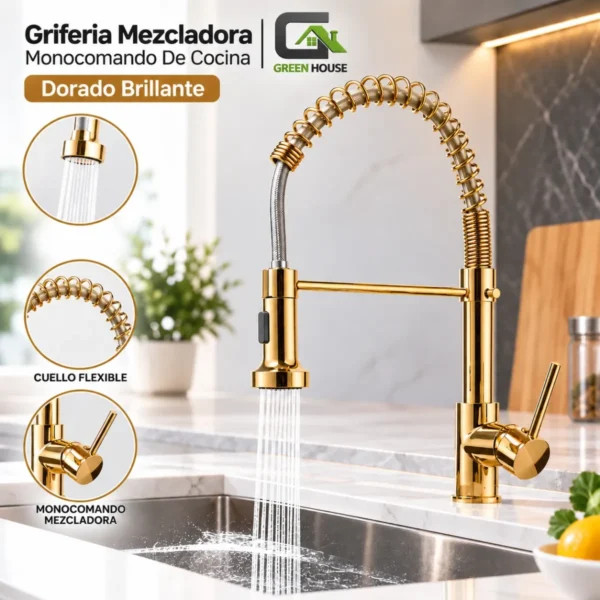 Griferia Mezcladora Monocomando De Cocina Dorado Brillante