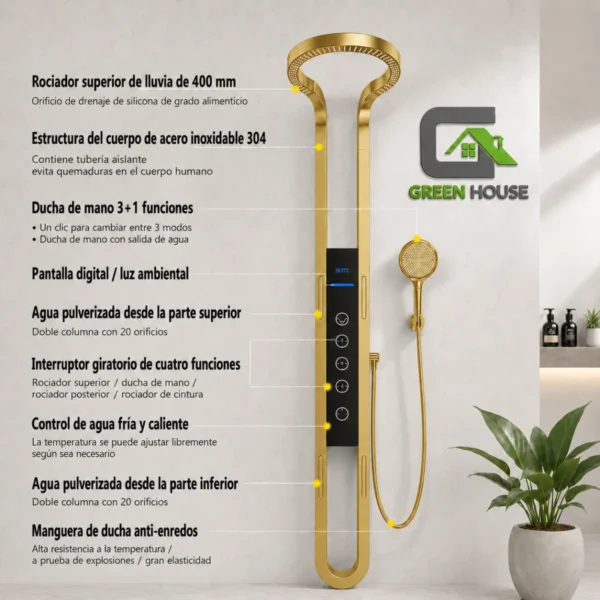 ELEGANTE DUCHA HIDROELECTRICA ACERO INOXIDABLE DORADO SATINADO