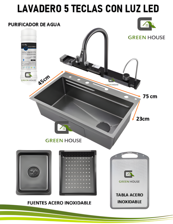 LAVADERO MULTIFUNCIONAL DE COCINA CON LUCES 5 TECLAS + MEZCLADORA