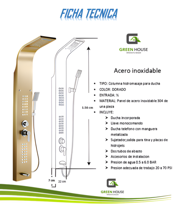 COLUMNA DE DUCHA HIDROMASAJE DORADO ACERO INOXIDABLE