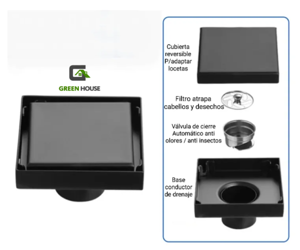 Sumidero Reversible Acero SUS 304 de 10x10cm Negro Mate