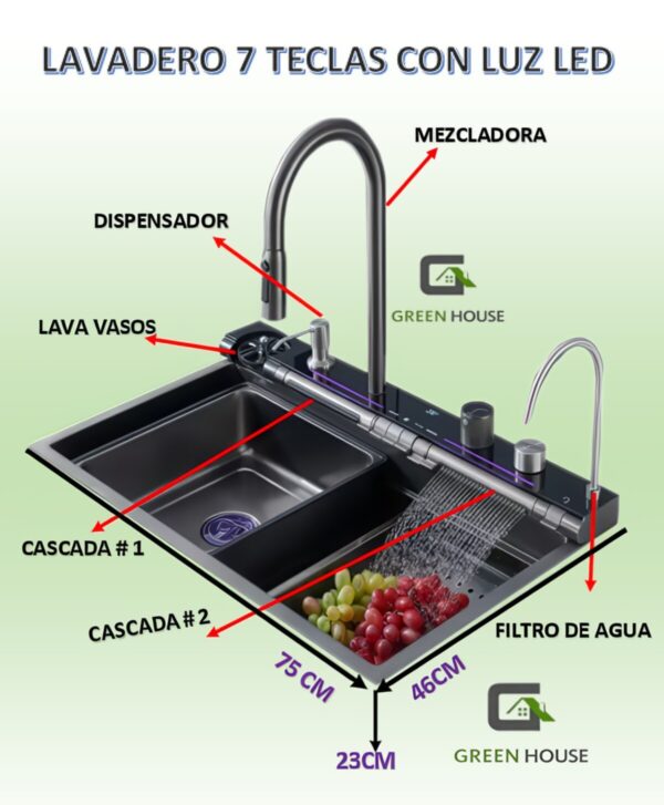 Lavadero Multifuncional Luxury Black 7 Teclas Con Luz Led Nano Black