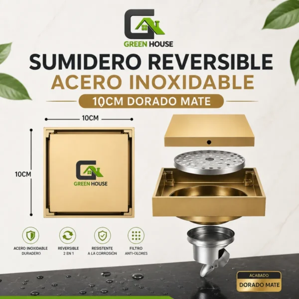 Sumidero Reversible 10x10cm Antiolor Acero Inoxidable Dorado Mate