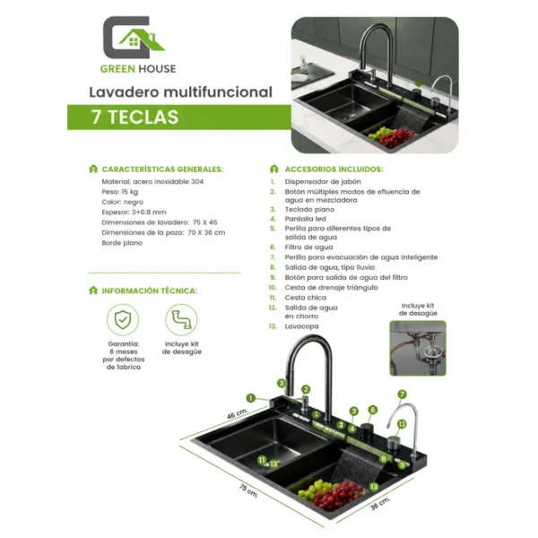 Lavadero Multifuncional Luxury Black 7 Teclas Con Luz Led Nano Black