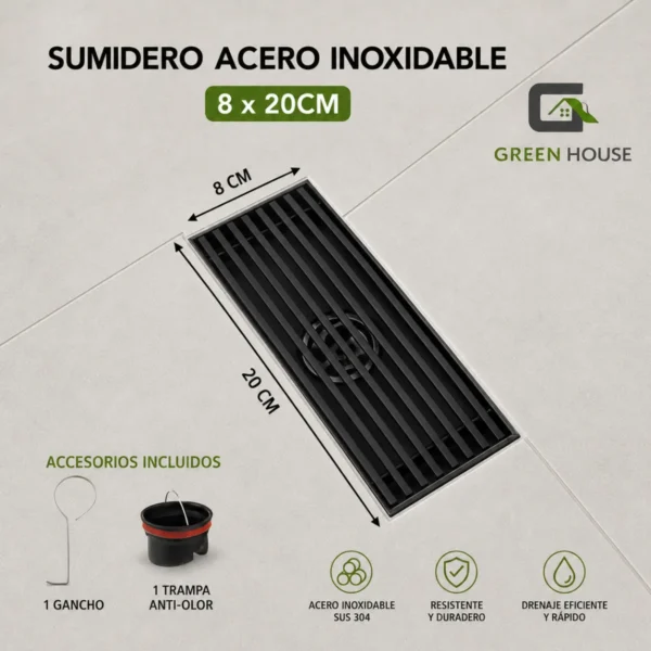 Rejilla - Sumidero Fino Acero Sus 304 Rectangular 8x20cm Negro Mate
