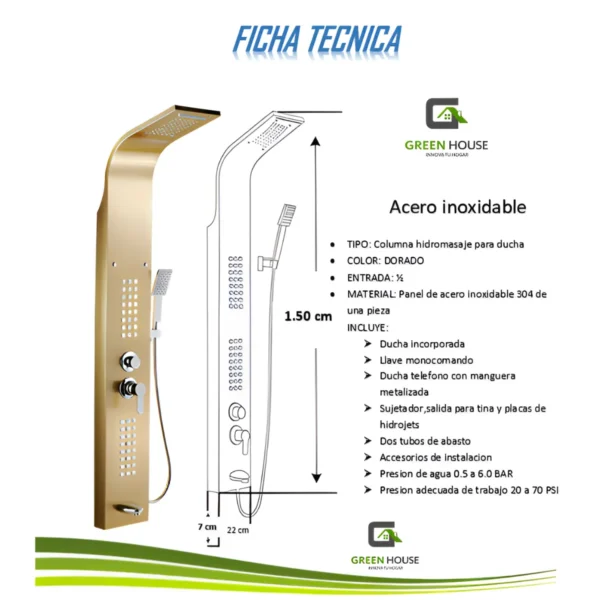 COLUMNA DE DUCHA HIDROMASAJE DORADO ACERO INOXIDABLE