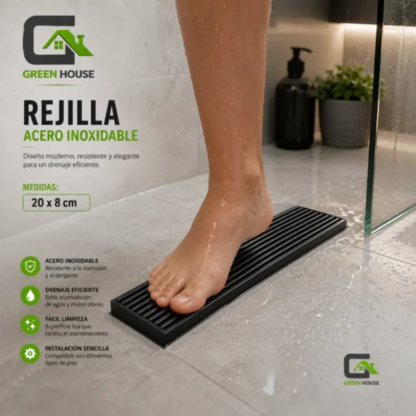 Rejilla - Sumidero Fino Acero Sus 304 Rectangular 8x20cm Negro Mate