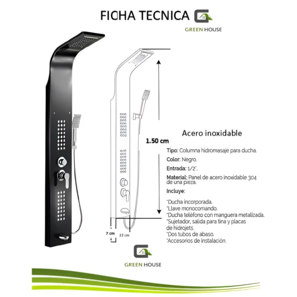 Columna de Ducha Hidromasaje Acero Inoxidable color Negro