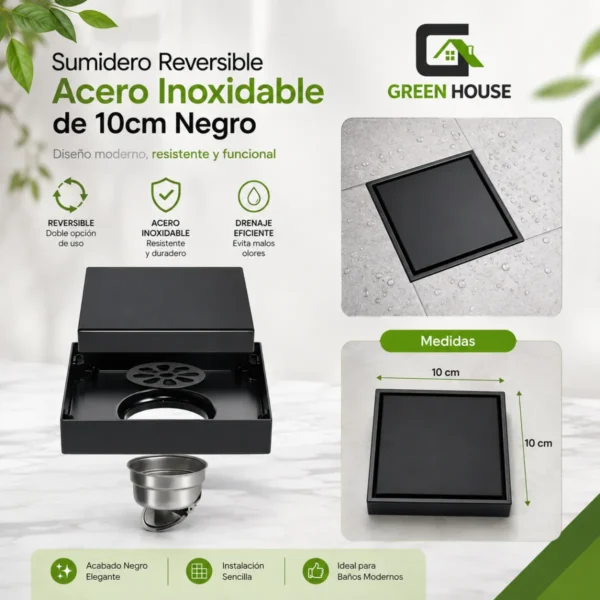 Sumidero Reversible Acero Inoxidable de 10x10cm Negro Mate
