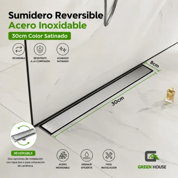 Sumidero Reversible Acero Inoxidable 8x30cm Color Satinado