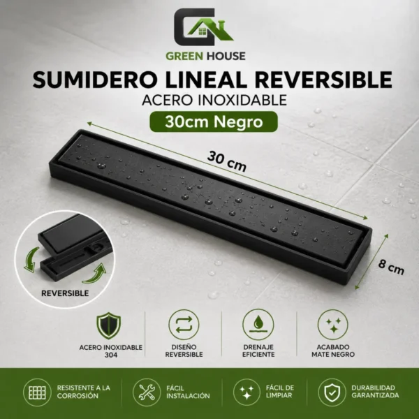 Sumidero Lineal Reversible Acero Inoxidable 8X30cm Negro