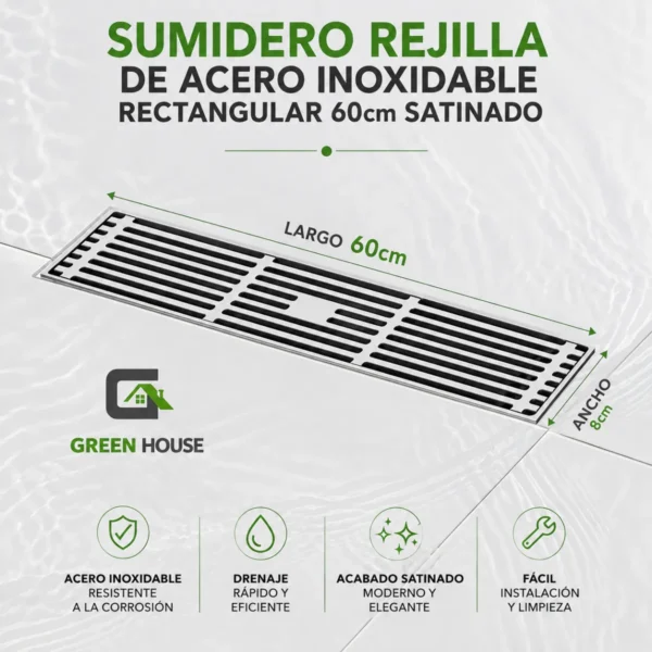 Sumidero Rejilla De Acero Inoxidable Rectangular 8x60cm Satinado