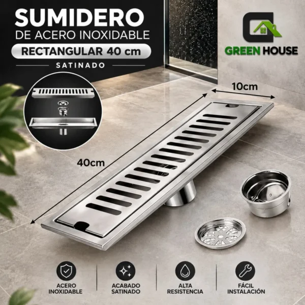 Sumidero De Acero Inoxidable Rectangular 10x40cm Cromado Brillante