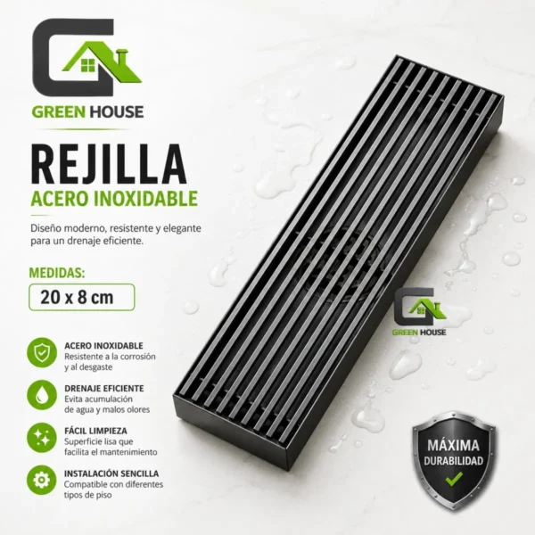 Rejilla - Sumidero Fino Acero Sus 304 Rectangular 8x20cm Negro Mate