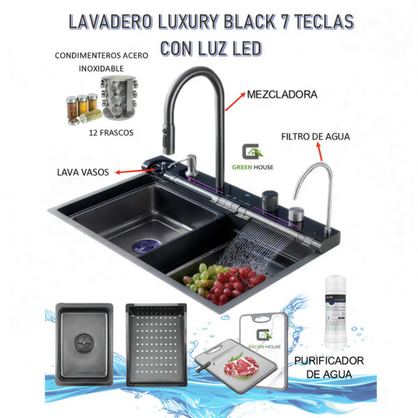 Lavadero Multifuncional Luxury Black 7 Teclas Con Luz Led Nano Black