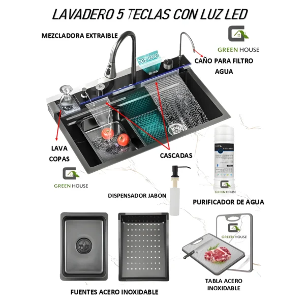 LAVADERO MULTIFUNCIONAL DE COCINA CON LUCES 5 TECLAS + MEZCLADORA