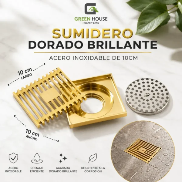 Sumidero Dorado Brillante Acero Inoxidable de 10x10cm