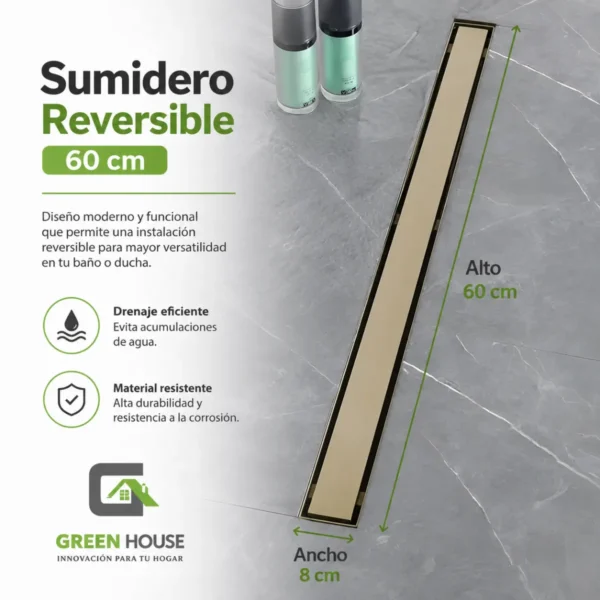 Sumidero Reversible Dorado Mate 8x60cm Antiolor Acero Inoxidable