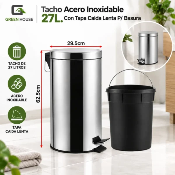 Tacho Acero Inoxidable 27L. Con Tapa Caida Lenta P/ Basura