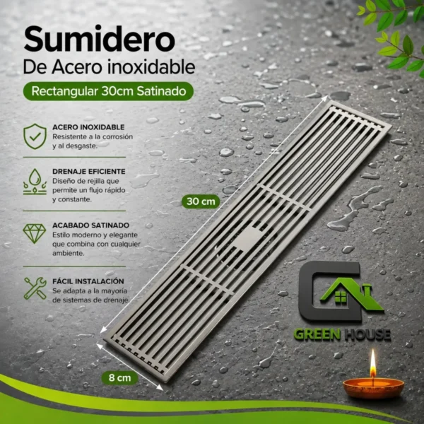 Sumidero De Acero Inoxidable Rectangular 8x30cm Satinado