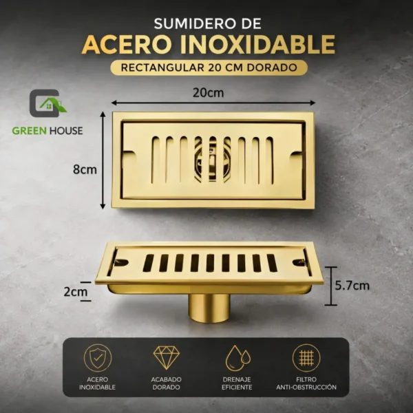 Sumidero Rectangular Acero Inoxidable  8x20cm dorado Brillante