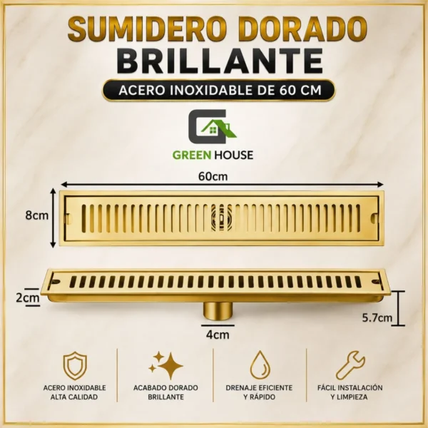 Sumidero Dorado Brillante Acero Inoxidable 8x60cm