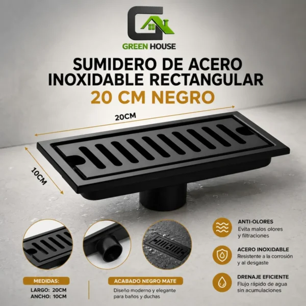 Sumidero De  Acero Inoxidable Rectangular 10x20cm Negro