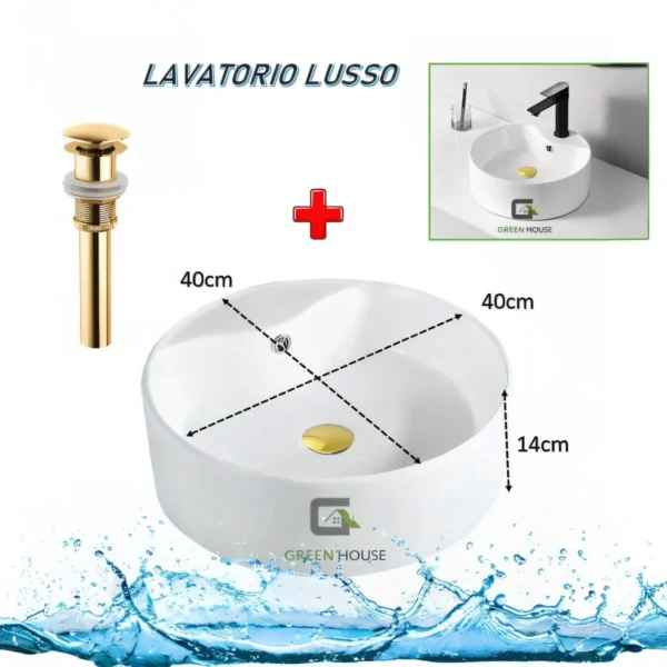 Combo Lavatorio Lusso + Mezcladora Dorado Pico Fino 20cm- Vos43