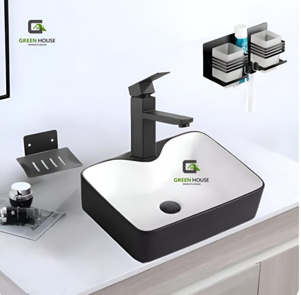 Combo De Lavatorio Negro Mate Con Blanco +Mezcladora + Accesorios