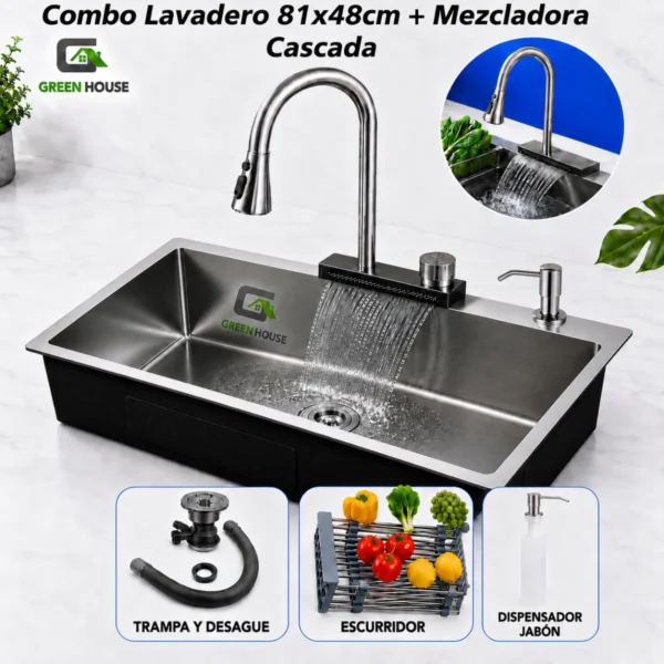 Combo Lavadero De Cocina Modelo Pozón 81x48x22cm Acero + Mezcladora