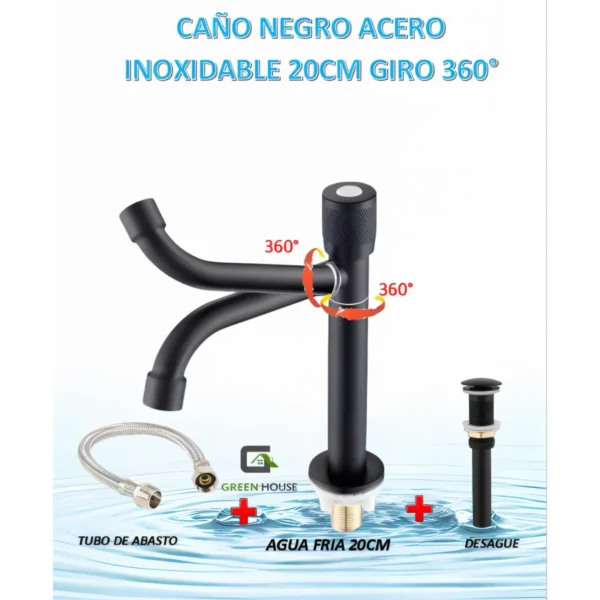 Grifera negro acero inoxidable pesado pico giratorio 360° de 20cm  