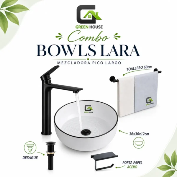 Combo Bowls Lara + Mezcladora Pico Largo  Mp13 + Desagüe Negro