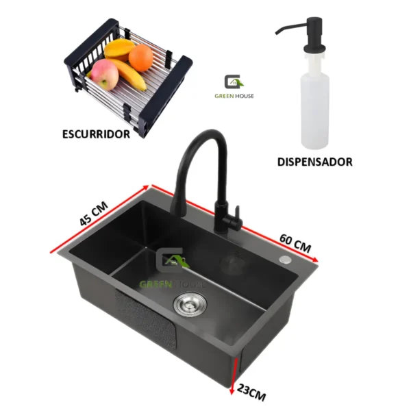 Combo Lavadero 60x45x23cm Negro + Mezcladora Extraíble Negra