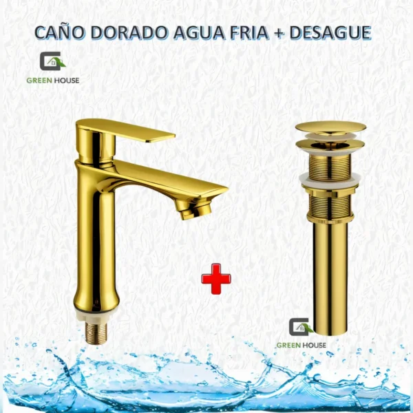 Grifera 15cm Dorado Agua Fría + Desagüe Dorado