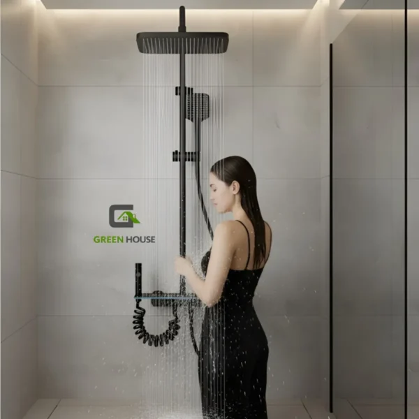 Columna De Ducha Negro Con Panel De Vidrio Detalle Azul Y Con 4 Funciones