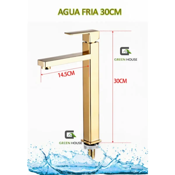 Grifería Lavatorio 30cm Dorado Agua Fría + Desagüe
