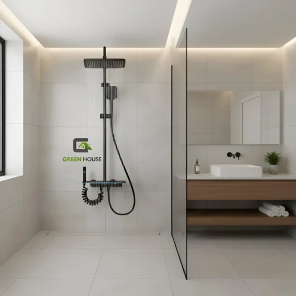 WEB TTS Columna De Ducha Negro Con Panel De Vidrio Detalle Azul Y Con 4 Funciones