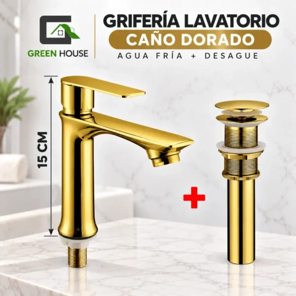 Grifera 15cm Dorado Agua Fría + Desagüe Dorado