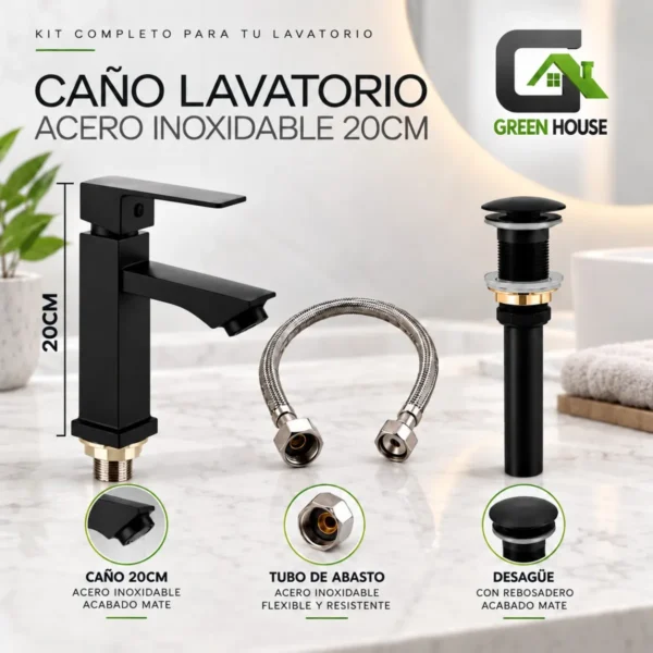 Griferia Acero Inoxidable 20cm Negro Agua Fría + Desagüe + Tubo Abasto