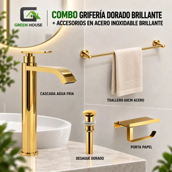 Grifería Dorado Brillante 30cm Caída Cascada Agua Fría