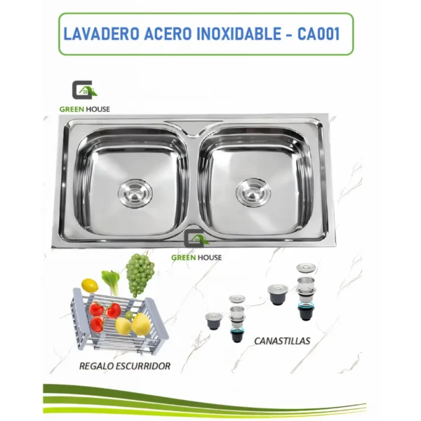 Lavadero para cocina de 2 Pozas de Acero Inoxidable 85x50 cm