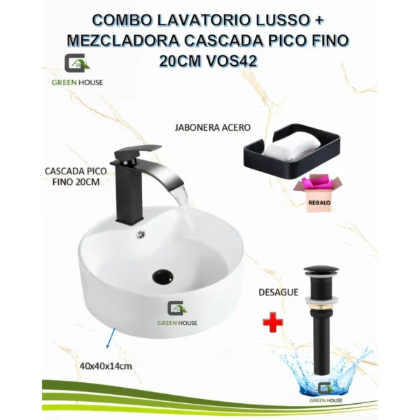 Combo Lavatorio Lusso + Mezcladora Cascada Pico Fino 20cm Vos43
