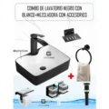Combo De Lavatorio Negro Con Blanco +Mezcladora Con Accesorios