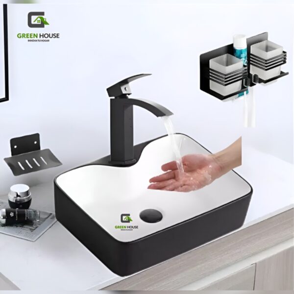 Combo De Lavatorio Negro Con Blanco +Mezcladora Con Accesorios